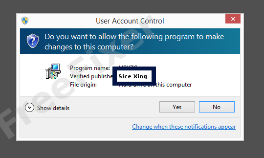 Screenshot where Sice Xing appears as the verified publisher in the UAC dialog